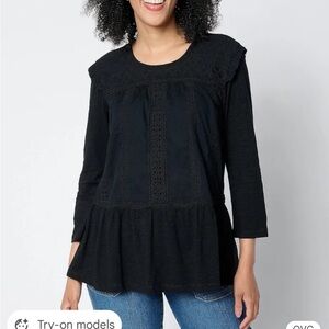 Logo Lavish Woman's Black Plus-Size Eyelet/Lace Peasant Tunic Sz 3x